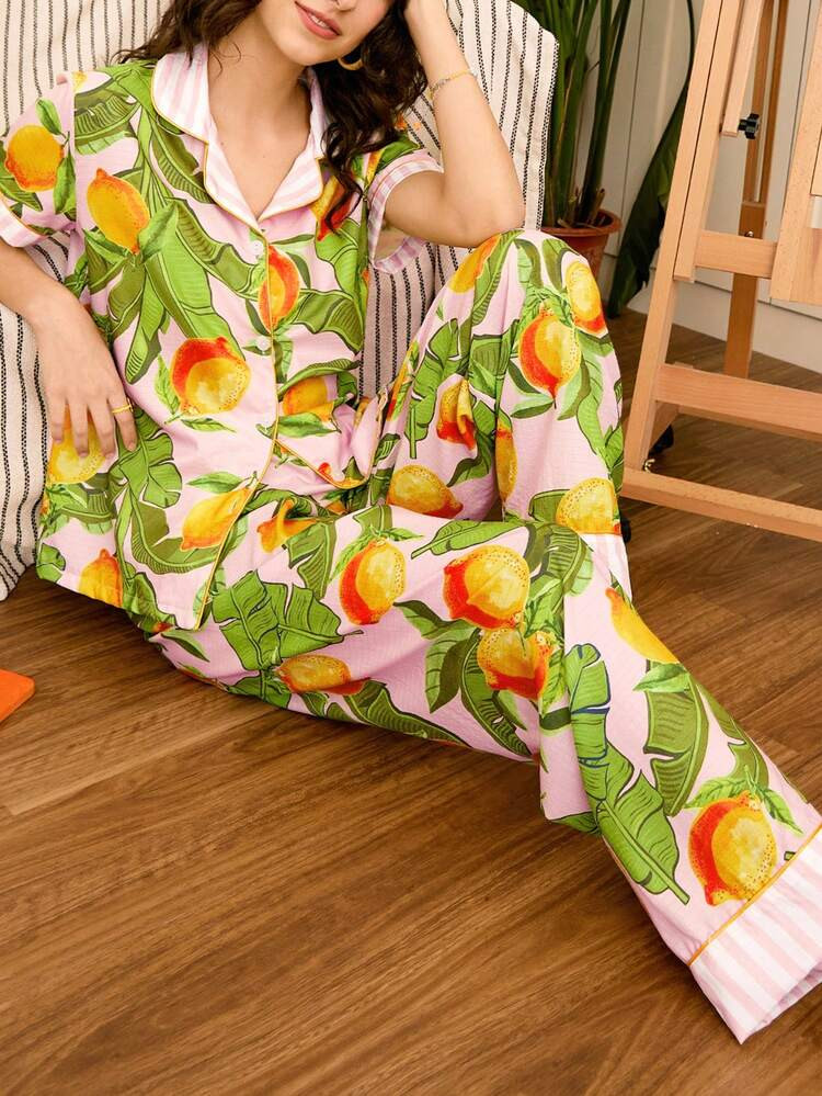 Young Summer Lemon Casual Pajama Set, Suitable For Vacation And Outdoor Wear, Women Loungewear Fruit Pajama Set Women's Pajama Set Summer Women Pj Sets Lounge Wear Sets Summer Cute Pajama Set For Women Sleep Wear Women 2 Pieces Set | SHEIN