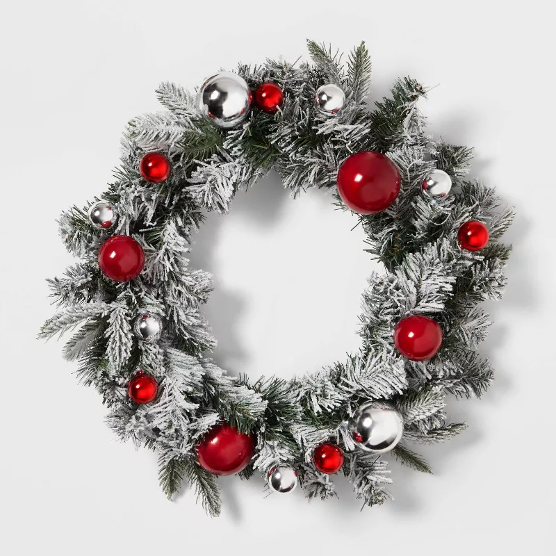22" Flocked Greenery Artificial Wreath with Shatter-Resistant Baubles Red/Silver - Wondershop... | Target
