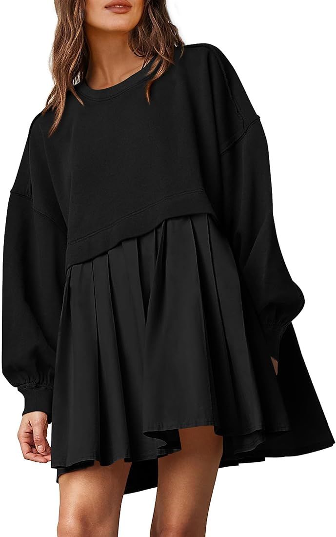 PRETTYGARDEN Women's Casual Sweatshirt Dress Long Sleeve Patchwork Pullover Tops Pleated Mini Dresses | Amazon (US)