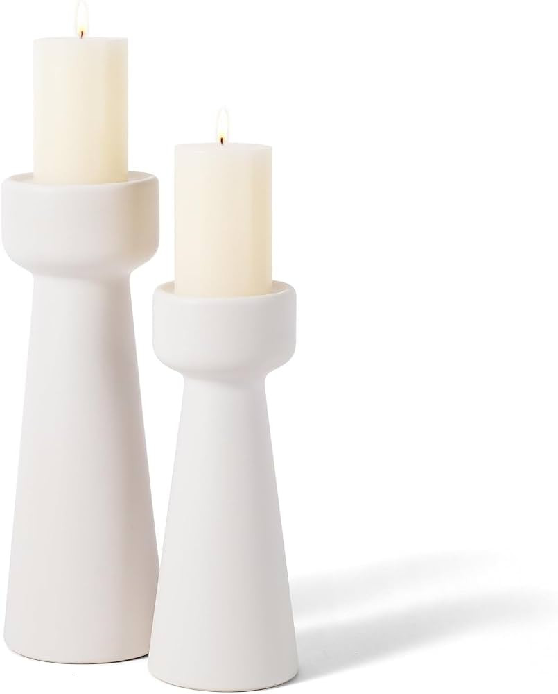 Set of 2 White Ceramic Taper Candle Holders, Matte Decorative Candlestick Holders in Small & Larg... | Amazon (US)