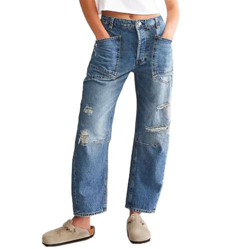 Xadsfeel Women Ripped Barrel Jeans Wide Leg Mid Rise Boyfriend Ankle Denim Pants Distressed Baggy Jeans,Blue,Medium | Amazon (US)