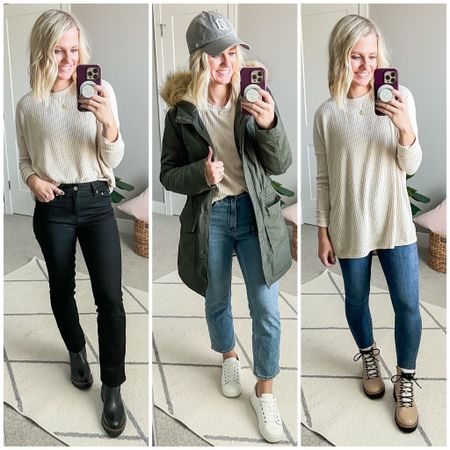 Outfit ideas from mom-friendly winter capsule wardrobe. Head over to thriftywifehappylife.com for more details!

#LTKfindsunder100 #LTKSeasonal #LTKstyletip