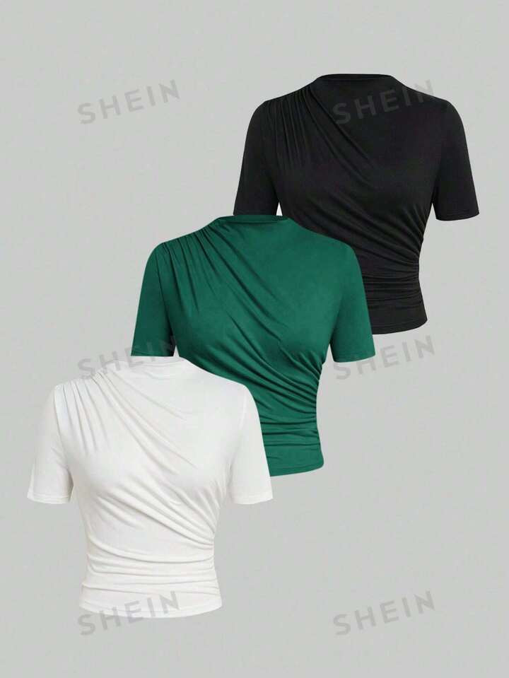 SHEIN Essnce Plus Size Solid Color Foldable Mandarin Collar Short Sleeve T-Shirt, Summer | SHEIN ... | SHEIN