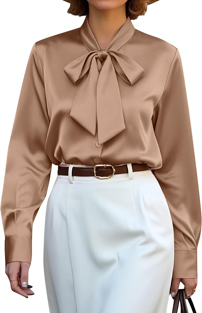 CBOO Women's Bow Tie Neck Button Down Shirts Silk Blouses Long Sleeve Elegant Satin Blouse Casual... | Amazon (US)