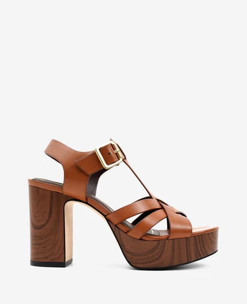 Lotus Woven Leather T-Strap Wood Platform Sandal | Kenneth Cole
