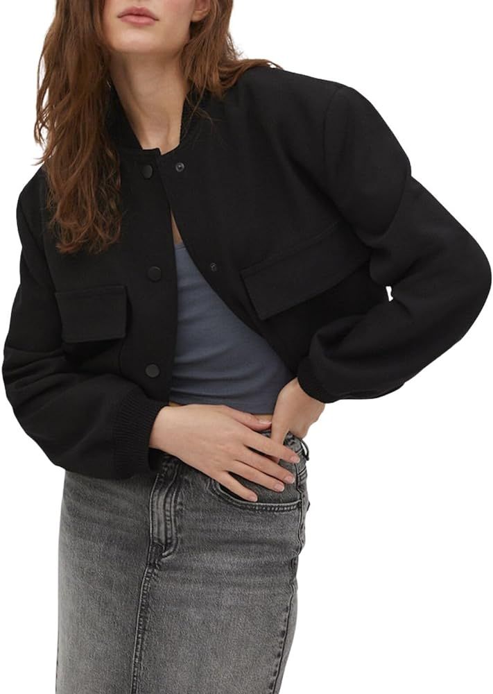 Womens Cropped Bomber Jacket Casual Button Down Long Sleeve Varsity Baseball Jackets with Pockets | Amazon (US)