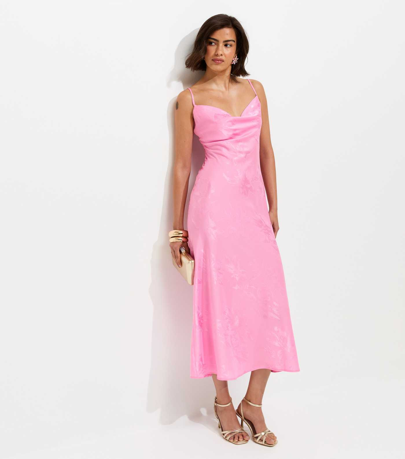 Bright Pink Floral Jacquard Cowl Neck Strappy Midi Dress | New Look | New Look (UK)
