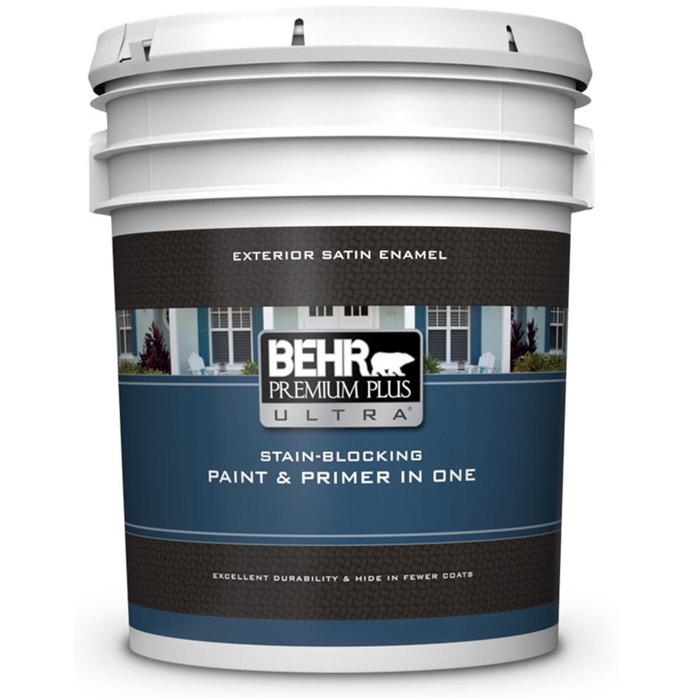 BEHR Premium Plus Ultra 5 gal. Ultra Pure White Satin Enamel Exterior Paint and Primer in One-985005 | The Home Depot