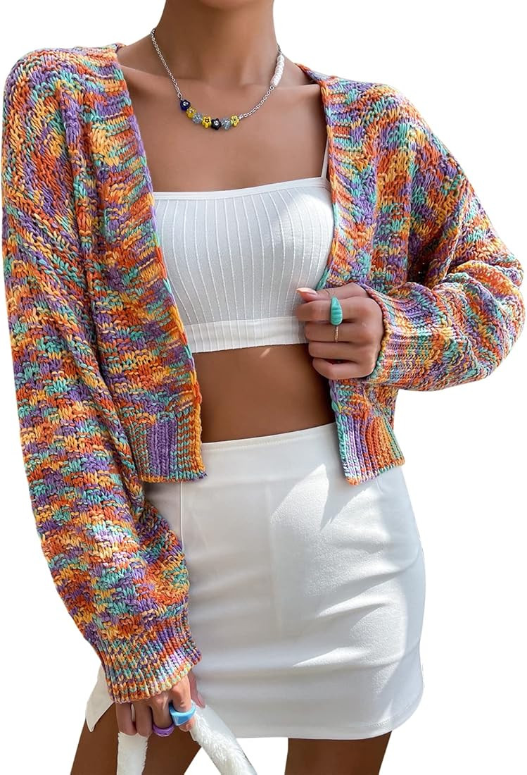 ZAFUL Women's Space Tie Dye Crop Cardigan Long Sleeve Drop Shoulder Colorblock Knitwear Sweaters ... | Amazon (US)