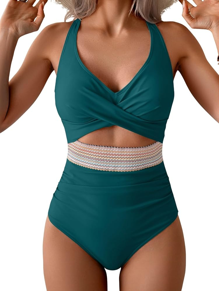 B2prity One Piece Swimsuit for Women Tummy Control V Neck Bathing Suit Color Block High Waisted C... | Amazon (US)