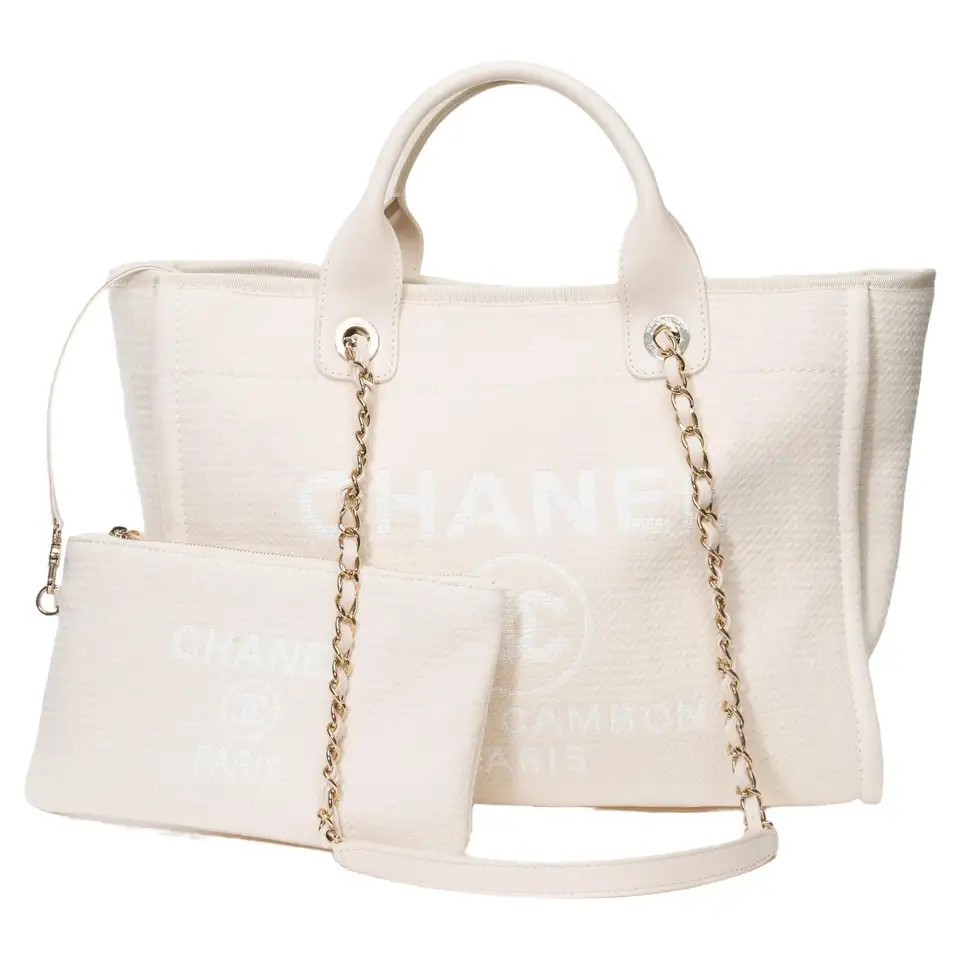 Amazing Chanel Deauville tote bag in off white canvas, SHW | 1stDibs