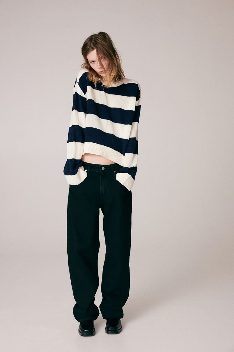 Sweater with Linked Seams - Round Neck - Long sleeve - Navy blue/striped - Ladies | H&M US | H&M (US + CA)