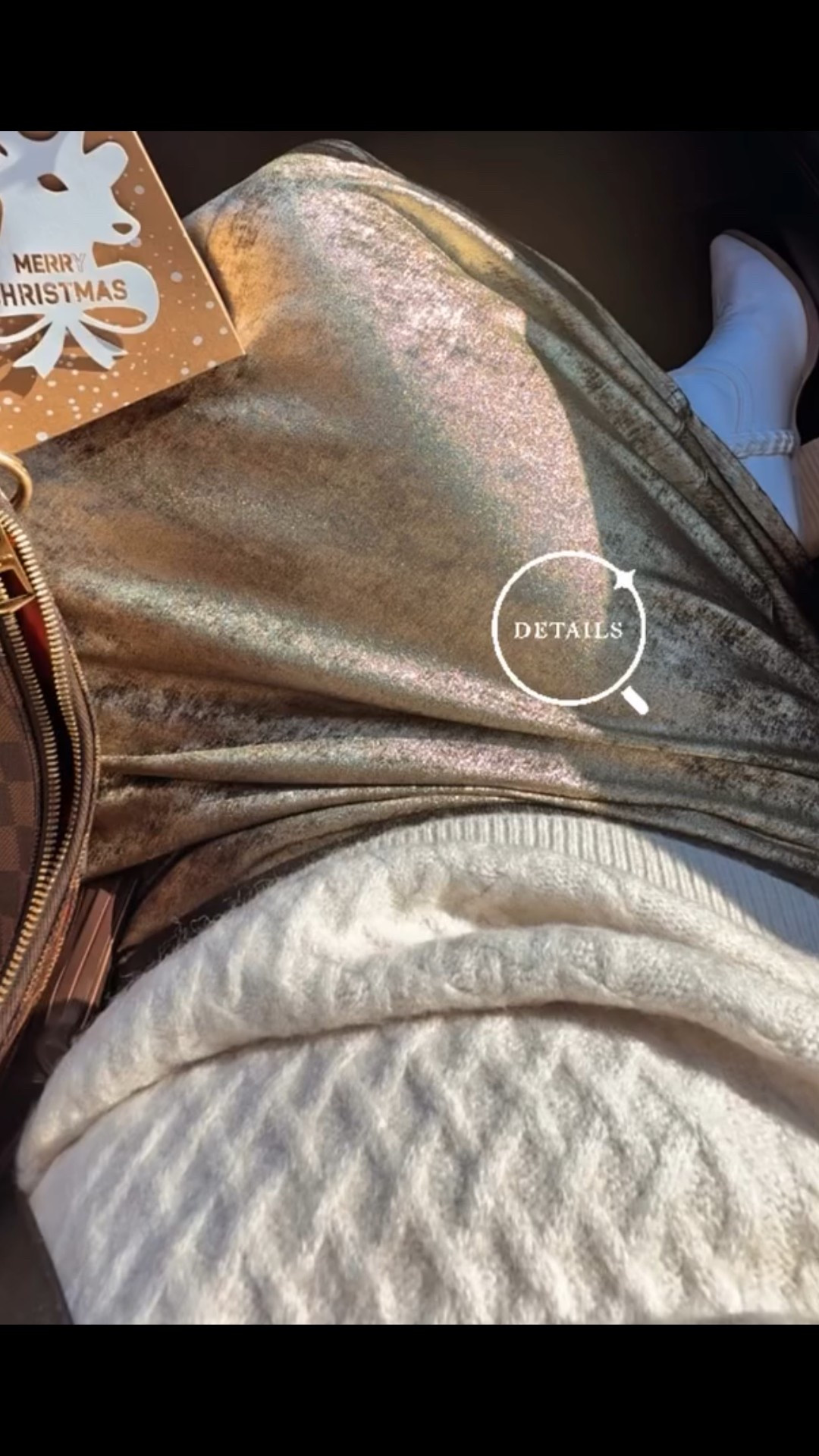 Up close details of my outfit for our Santa minis family photos this morning! The gold foil appearance of this skirt is so beautiful in person! The video doesn’t do it justice
Slip skirt L / Off shoulder sweater L / Western boots tts 

#LTKFamily #LTKMidsize #LTKHoliday