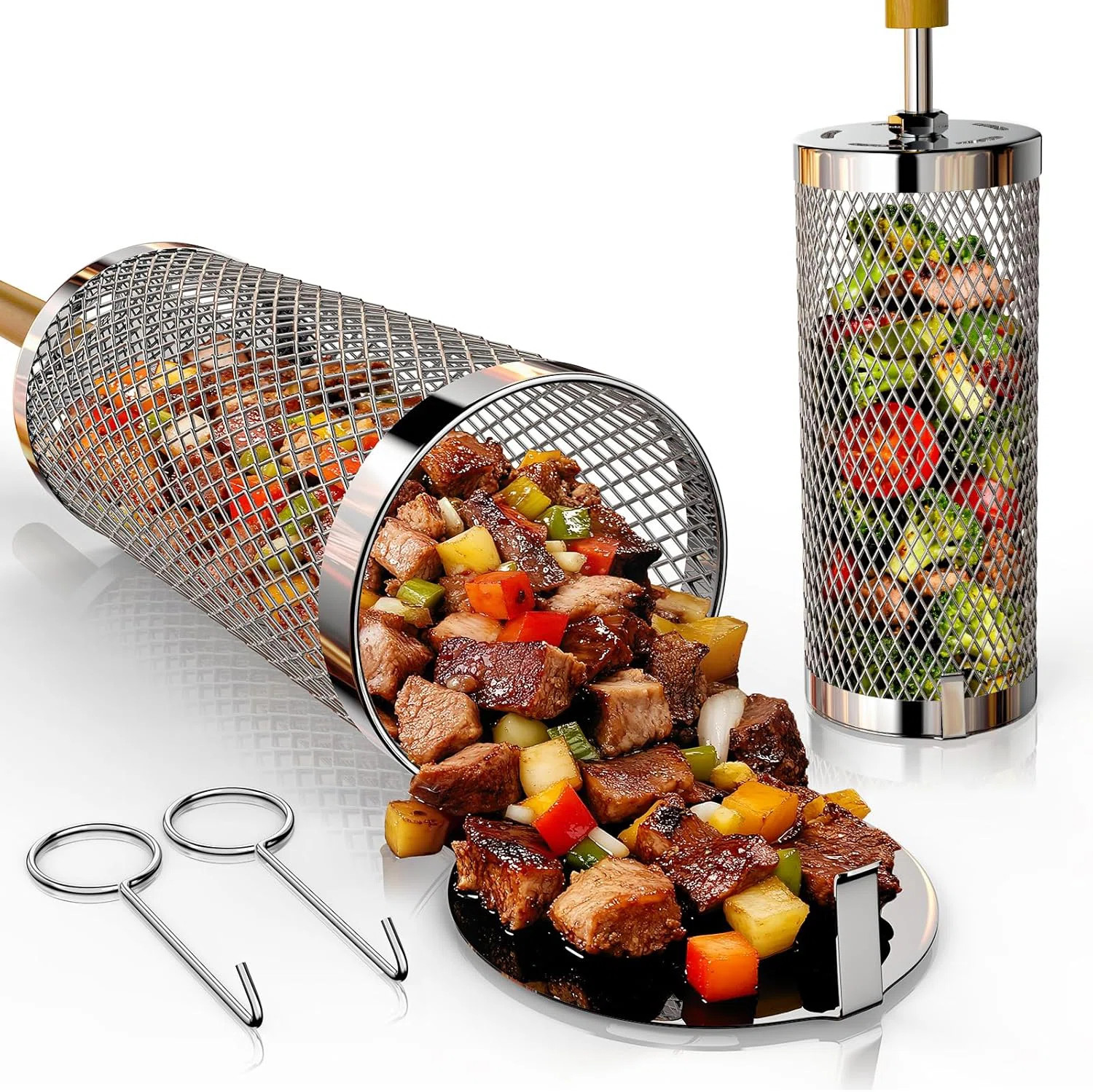 2-Piece 304 Stainless Steel Nesting Rolling Grill Baskets with Removable Wooden Handle, Large Cyl... | Wayfair North America