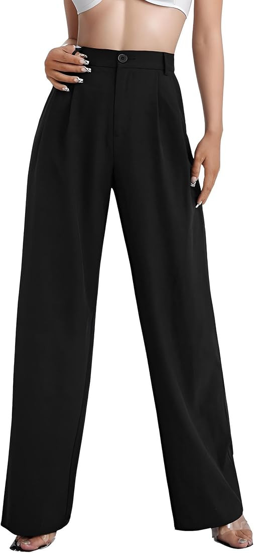 Pintimi Women's Casual Wide Leg High Waisted Work Pants Button Down Straight Long Trousers | Amazon (US)