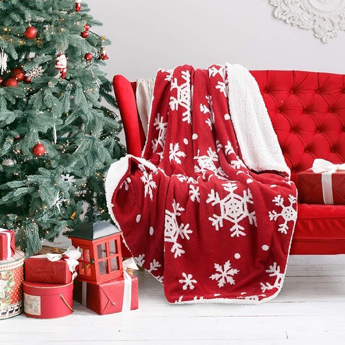 Bedsure Christmas Holiday Sherpa Fleece Throw Blanket Snowflake Red and White Fuzzy Warm Throws f... | Amazon (US)