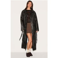 Black Distressed Faux Leather Seam Detail Trench Coat | PrettyLittleThing US