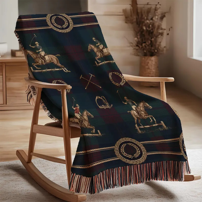 Equestrian Polo Pattern Blanket Elegant Plaid Throw with Horse and Rider Design Classic Country C... | Etsy (Global)