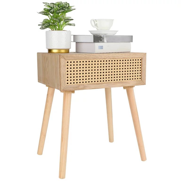 Chicgrowth Rattan Nightstand with Drawer Wooden End Side Accent Table Beige - Walmart.com | Walmart (US)
