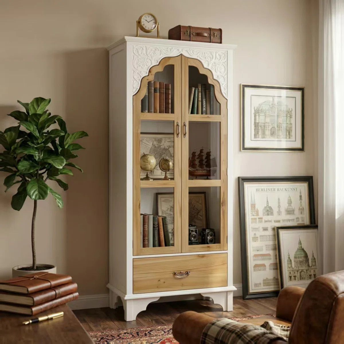 Benevento 70.9"H Rectangular 3-Tier Bookcase With Glass Doors And Drawers | Wayfair North America