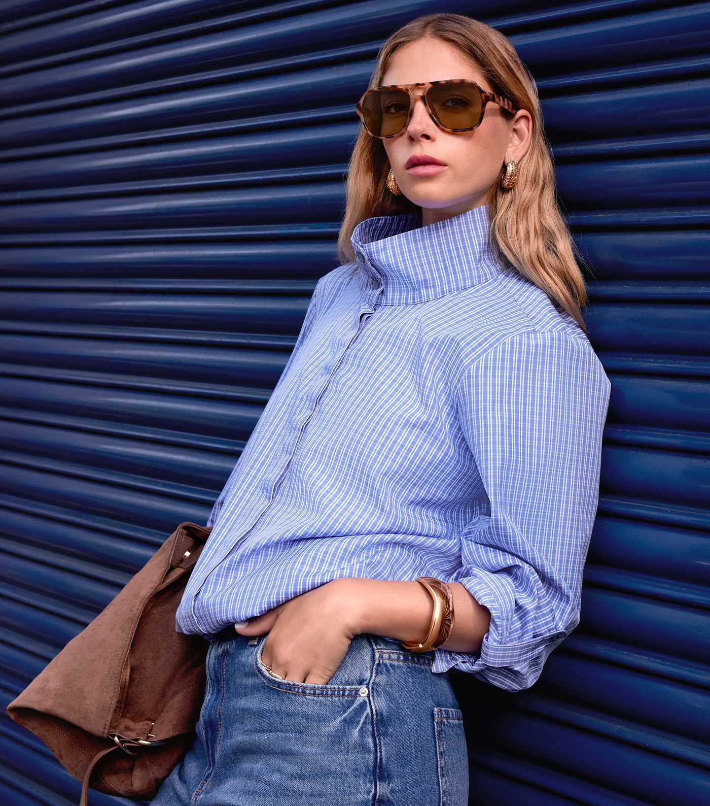 Bright Blue Check Cropped Sleeve Funnel Neck Shirt | New Look | New Look (UK)