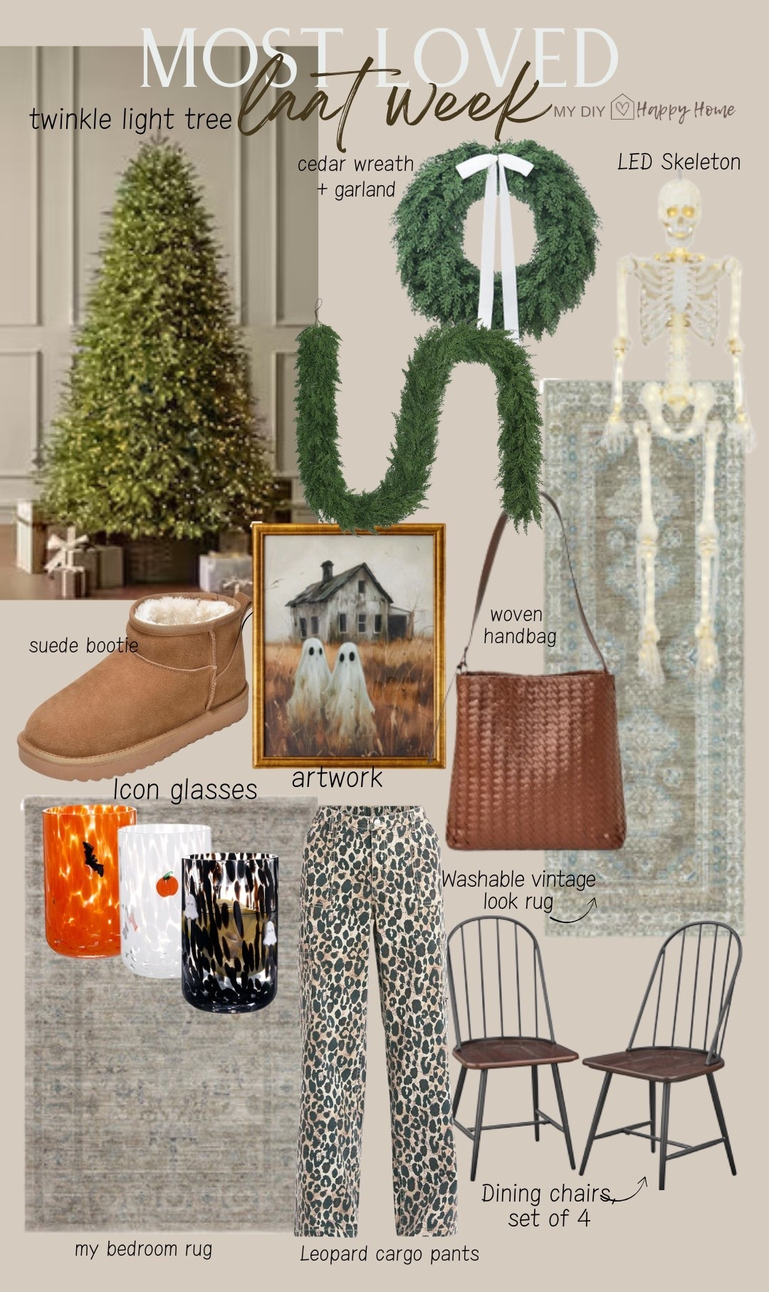 Last weeks most loved 

•viral twinkle light Christmas tree
•cedar wreath
•cedar garland, 9 ft
•LED skeleton 
•halloween art
•suede short booties 
•woven handbag 
•icon glasses 
•leopard cargo pants 
•washable runner 
•my bedroom rug 
•my dining chairs 

#LTKStyleTip #LTKHome #LTKSeasonal