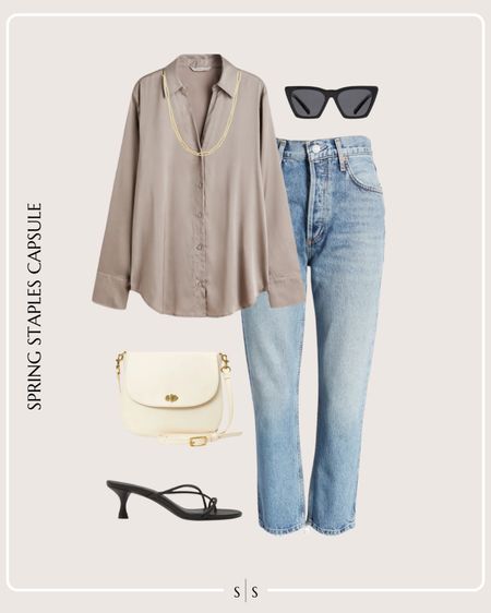 Spring Staples Capsule Wardrobe outfit idea | satin blouse, cropped straight jeans, black sandals, classic bag, sunglasses, gold jewelry necklaces

See the entire staples capsule on thesarahstories.com ✨ 


#LTKstyletip