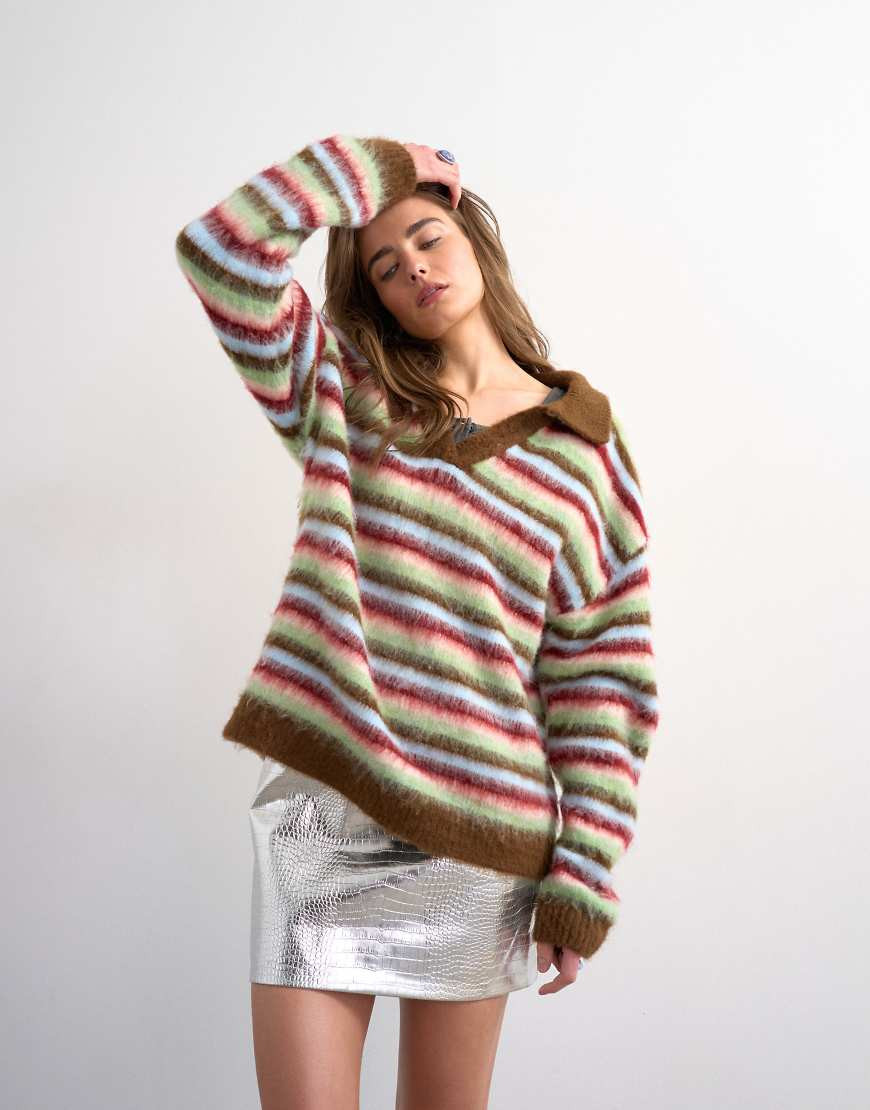 Topshop fluffy knit striped polo sweater in multi | ASOS (Global)