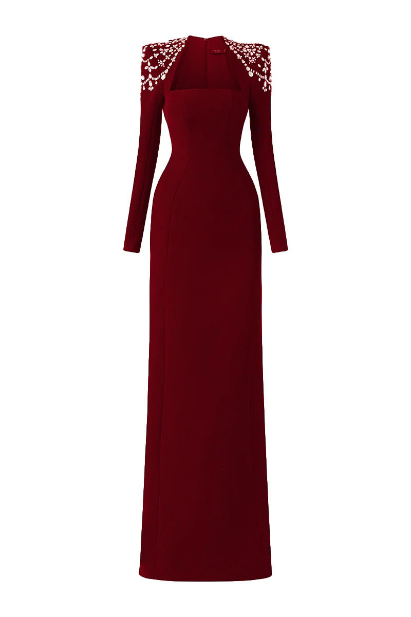 RED LONG SLEEVE TRAPEZOID NECKLINE BODYCON FULL DRESS | Tracy Studio | CULT MIA | CULT MIA UK LTD