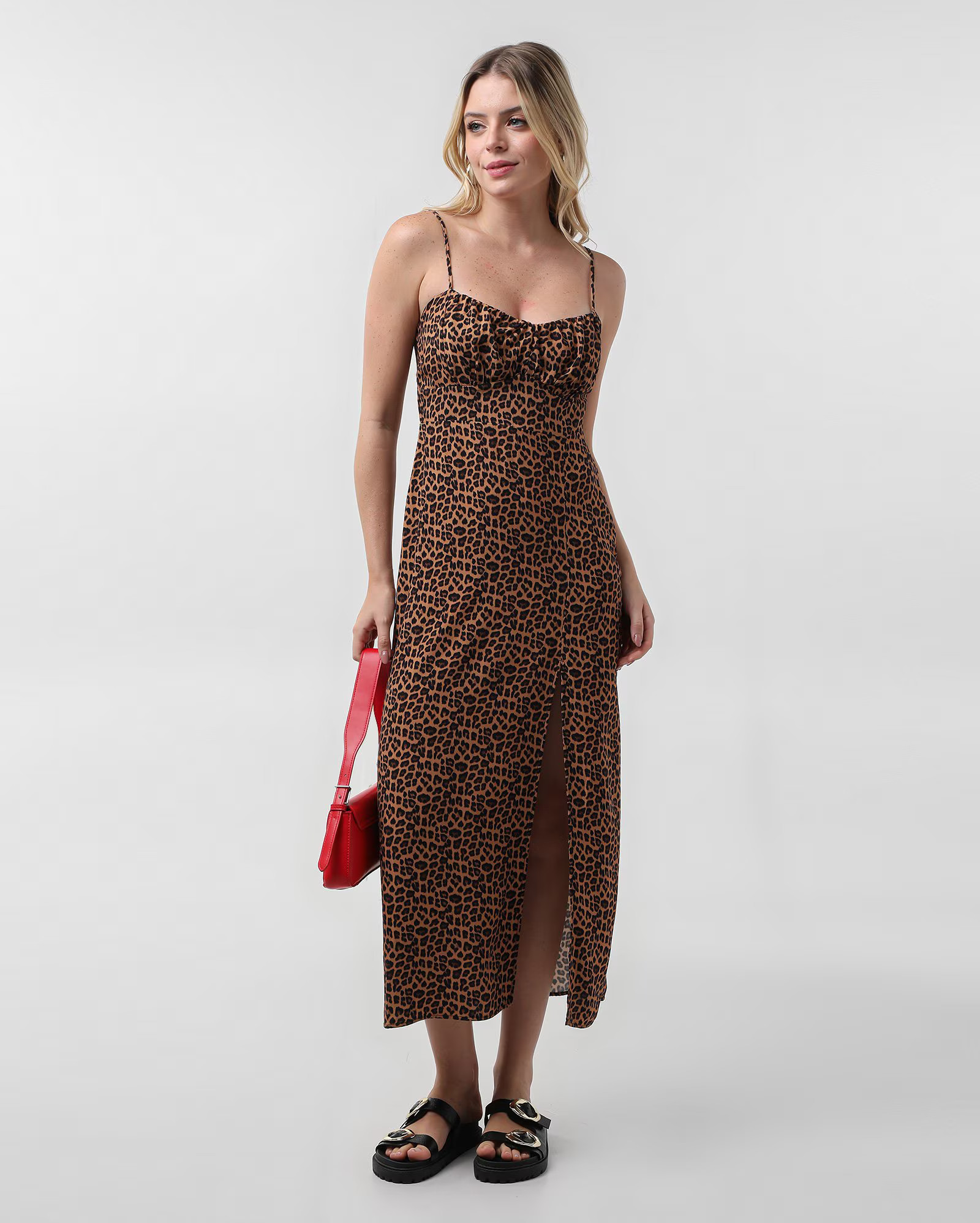 Vestido midi onça reto com fenda e lastex marrom | Pool | Riachuelo (BR)