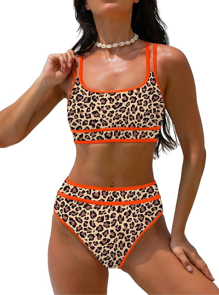 popvil Women's High Waisted Bikini Sets Neon Two Piece 2026 Swimsuit Sporty Adjustable Straps Bat... | Amazon (US)