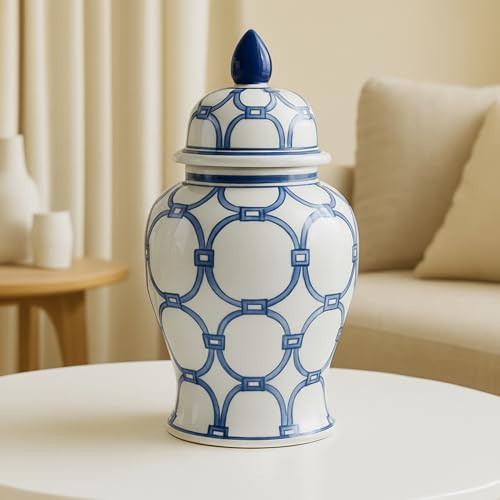 Chain Link Ginger Jar with Lid – Hand-Painted Stoneware Ceramic Decorative Vase for Home Decor – Modern Centerpiece for Living Room, Bedroom & Office – 14.25", Blue & White | Amazon (US)