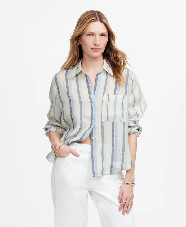 Linen Easy Y-Neck Button-Up Shirt in Mixed Stripe | Madewell