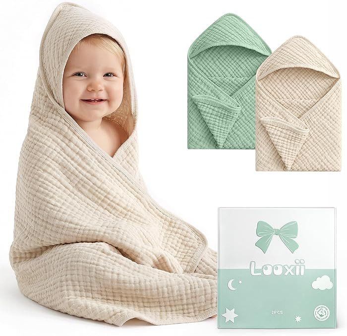 Looxii Baby Bath Towels 2 Pack Muslin Hooded Baby Towels for Newborn and Infants, 100% Cotton, La... | Amazon (US)