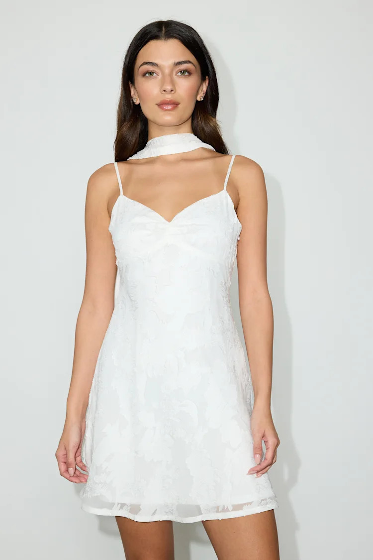 Aydah White Floral Burnout Slip Mini Dress and Scarf Set | Lulus