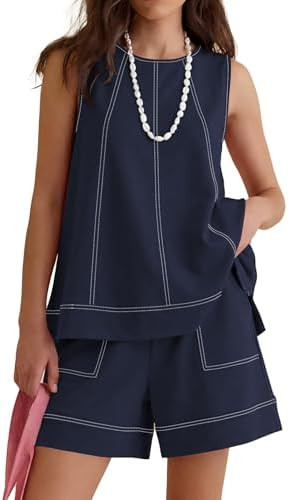 LOMON Womens Two Piece Short Sets Summer Round Neck Sleeveless Tank Tops Drawstring Elastic Waist... | Amazon (US)