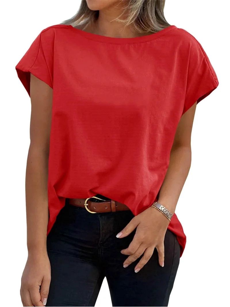 Womens Boat Neck T-Shirts Cap Sleeve Tops Summer Casual Loose Fit Basic Tees | Walmart (US)