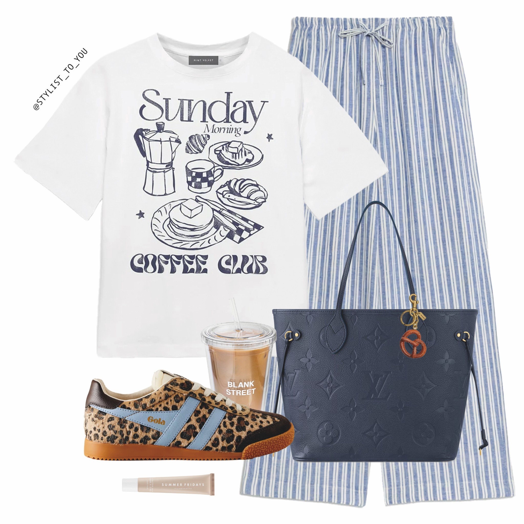 Sunday Coffee Club: comfy, chic, and caffeine-fuelled 💙☕✨

A stylish flat lay outfit featuring a white graphic t-shirt with “Sunday Morning Coffee Club” breakfast food illustration graphic print, blue and white striped wide-leg pyjama trend pants with a drawstring waist, a navy blue Louis Vuitton tote bag with a monogram pattern and Coach croissant charm, leopard-print Gola sneakers with blue stripes, an iced coffee from Blank Street, and a Summer Fridays lip balm. A comfortable yet chic casual look perfect for an easy Sunday morning coffee run. Sunday outfit casual style weekend fashion brunch outfit coffee aesthetic street style minimalist fashion effortless chic OOTD inspiration fashion flat lay laid-back look relaxed style Parisian vibes Sunday mood trendy sneakers luxury bag designer accessories weekend vibes cute casual outfit cozy and stylish comfy chic neutral aesthetic striped pants graphic tee stylish comfort coffee lover style brunch ready laid-back luxury casual elegance soft girl aesthetic cool and casual fashion inspo everyday style trendy streetwear morning coffee look chic and effortless coffee shop fashion modern classic style elevated casual Sunday essentials

#LTKuk #LTKspring #LTKeurope