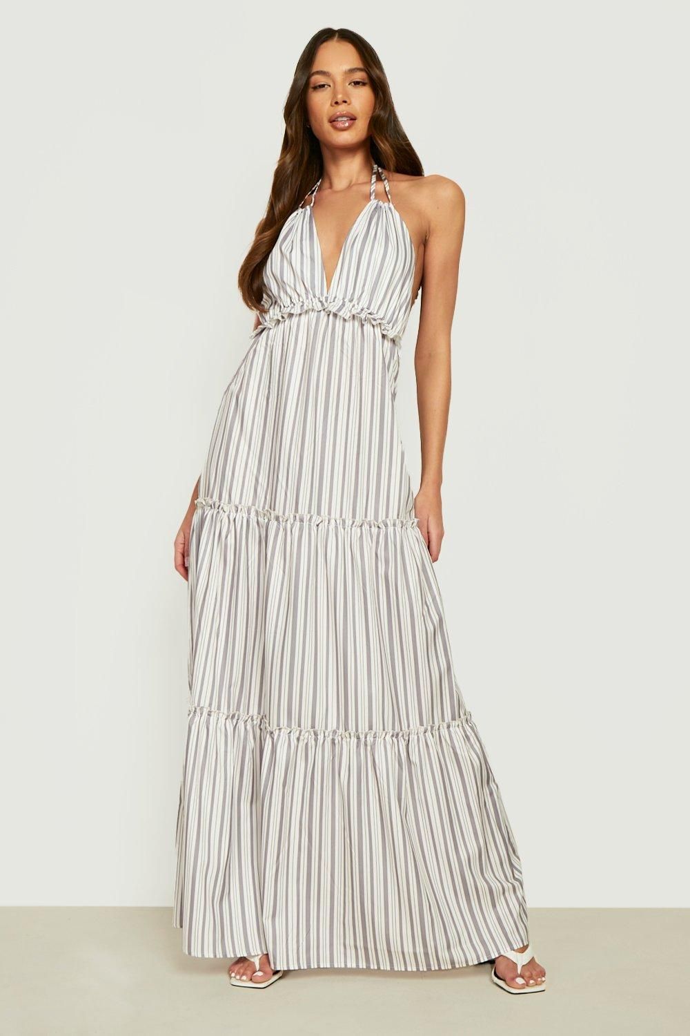 Stripe Strappy Halterneck Tiered Maxi Dress | Boohoo.com (US & CA)