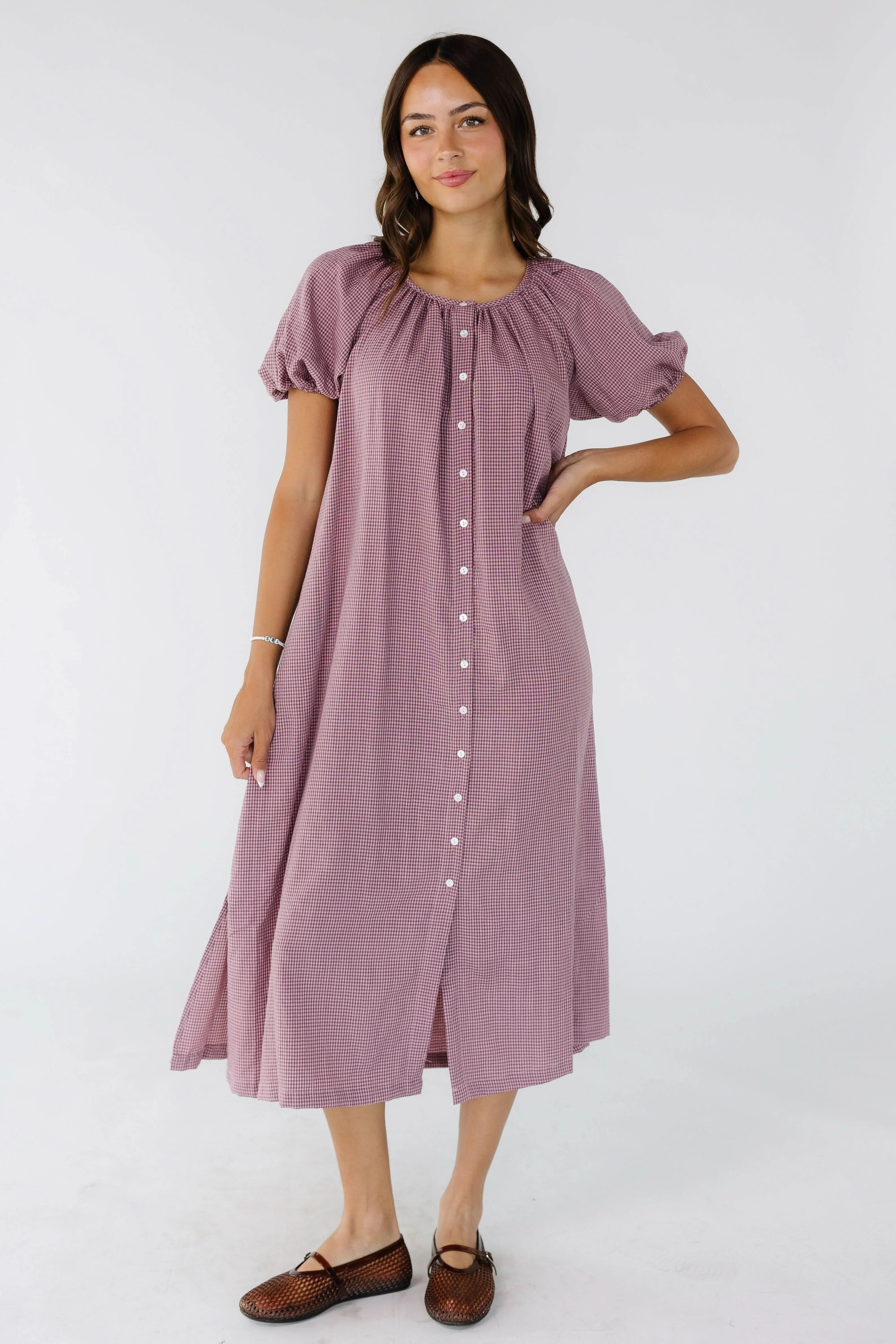 Brass & Roe Daybreak Modest Button Down Dress - Burgundy Gingham | Called To Surf