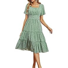 Women's Casual Dress Boho Summer Heart Printed Square Neck Elastic Waist Beach Club Flowy Midi Dr... | Amazon (US)