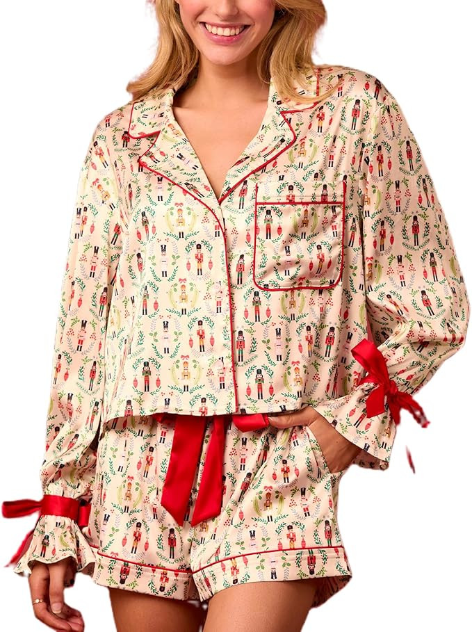 Women Christmas 2 Piece Pajamas Set Y2k Bow Tie Long Sleeve Shirt Wide Leg Pants Cute Print Match... | Amazon (US)
