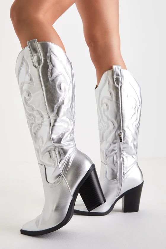 Mosely Silver Metallic Pointed-Toe Knee-High Western Boots | Lulus (US)