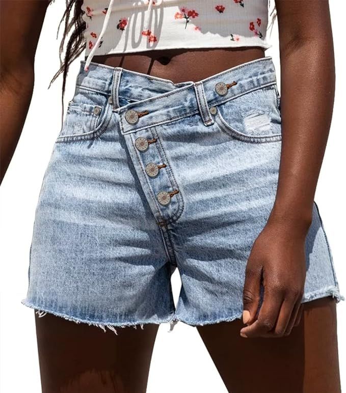 ZOLUCKY Women's Crossover Juniors Jean Shorts Stretchy Mid Waisted Denim Shorts Casual Summer Hot... | Amazon (US)