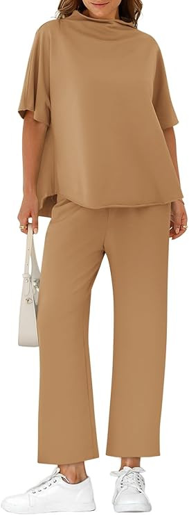 Yousify Women's Oversized Lounge Set 3/4 Batwing Sleeve Crew Neck Pullover Top Wide Leg Pants Two... | Amazon (US)