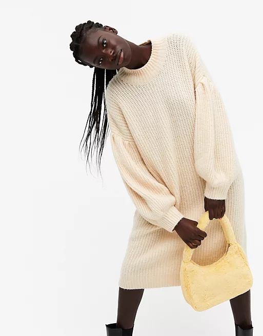 Monki Tina puff sleeve knitted midi dress in beige | ASOS (Global)