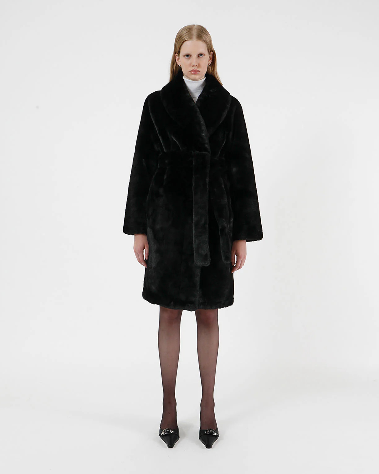 Bree Noir | Faux Fur Belted Coat | Apparis
