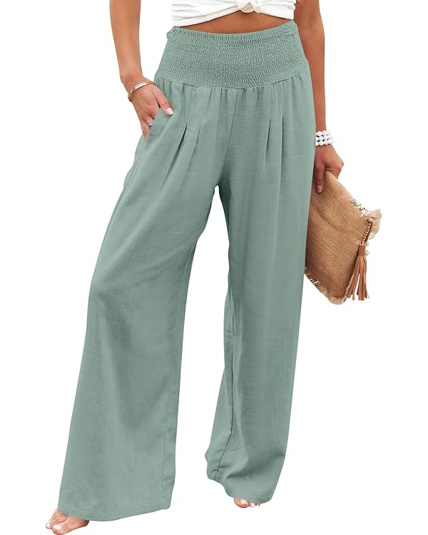 ANRABESS Women Linen Palazzo Pants Summer Boho Wide Leg High Waist Casual Lounge Pant 2025 Beach ... | Amazon (US)
