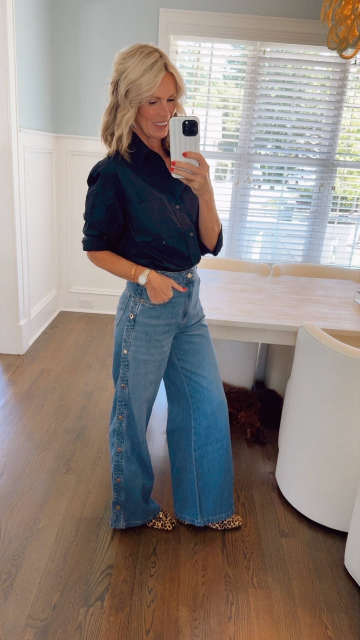 Love this navy cotton button-up paired with these fun wide-leg jeans! The button detail makes them feel a little different, and the leopard ballet flats are the perfect pop of print for fall 🐆🤎

fall outfit, navy button-up, wide leg jeans, leopard ballet flats, animal print, fall style, women’s fashion

#LTKootd #LTKSeasonal #LTKTall
