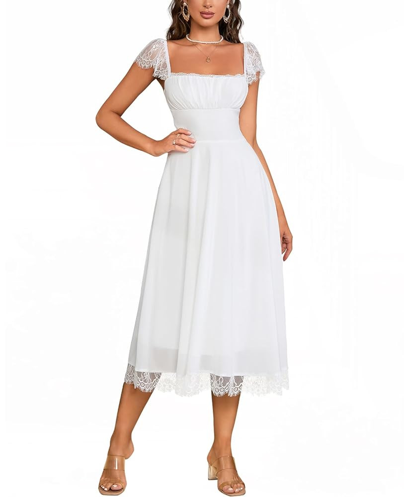 EYNMIN Lace Strap Chiffon Dresses for Women Casaul Flowy A Line Midi Tea Party Dress | Amazon (US)